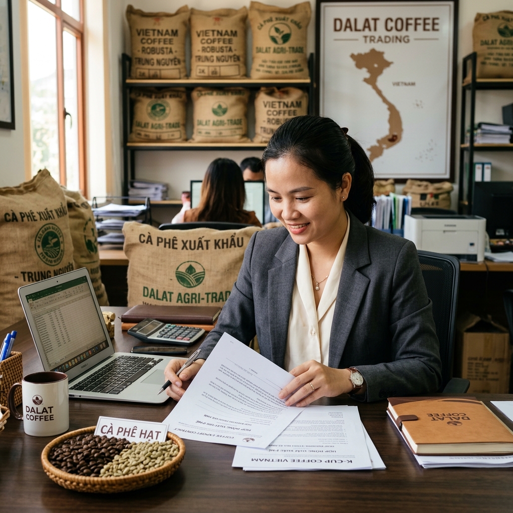 Mekong Origin team reviewing coffee export documentation in Ho Chi Minh City